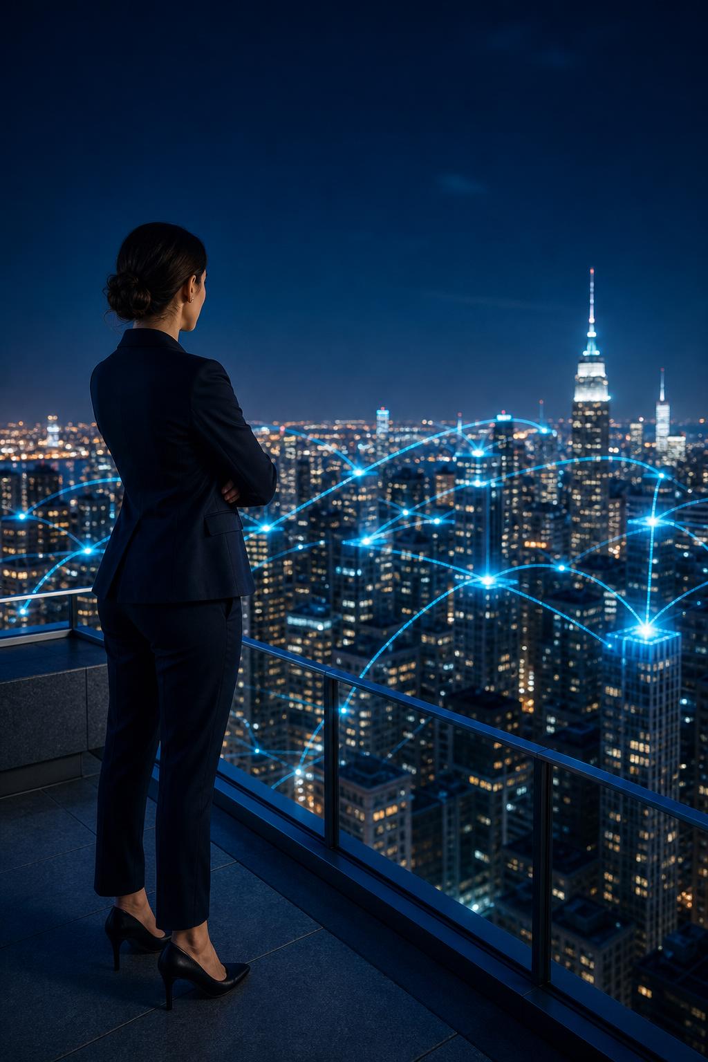 A professional overlooking a connected city skyline